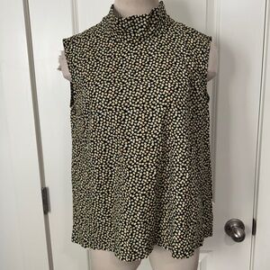 Buru Small Yellow Roses Floral Blouse Top ~ Gold Buttons Sleeveless Mod Retro